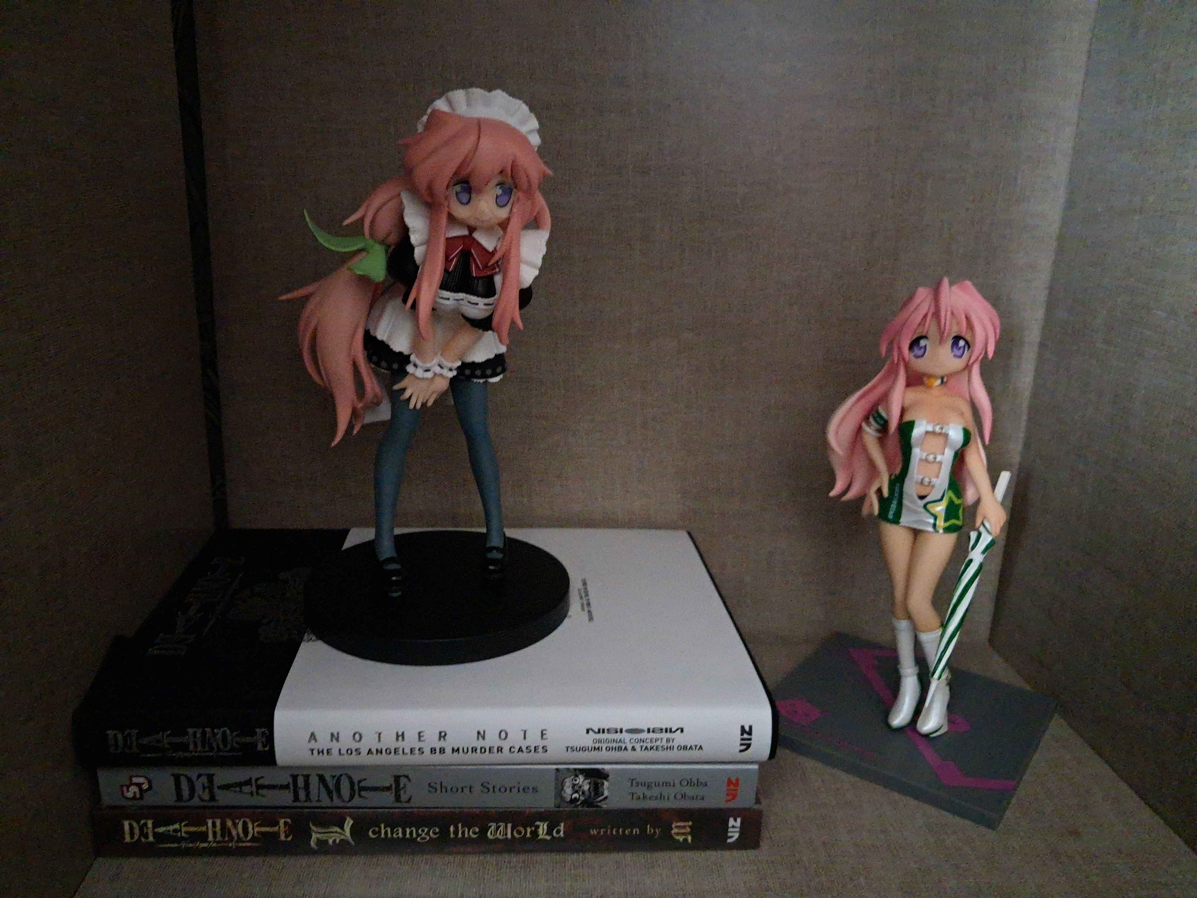 Takara Miyuki from the PM, maid edition standing ontop of my Death Note book collection and the Lucky☆Grand Prix Miyuki